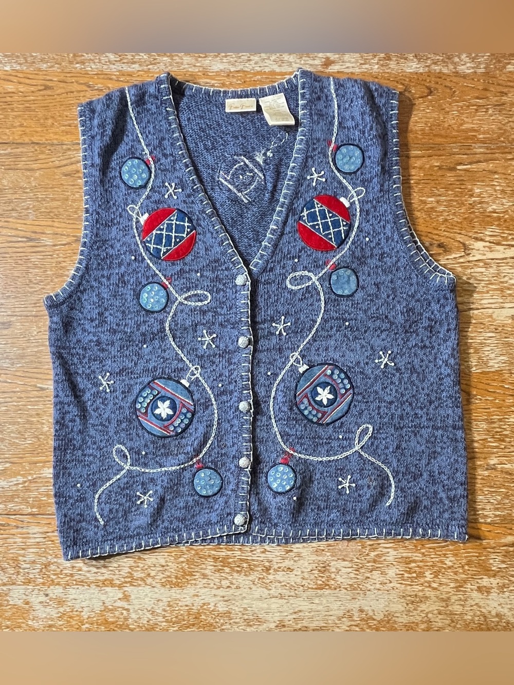 Vintage Bobbie Brooks Full Zip Embroidered Christmas Sweater Vest Size Large